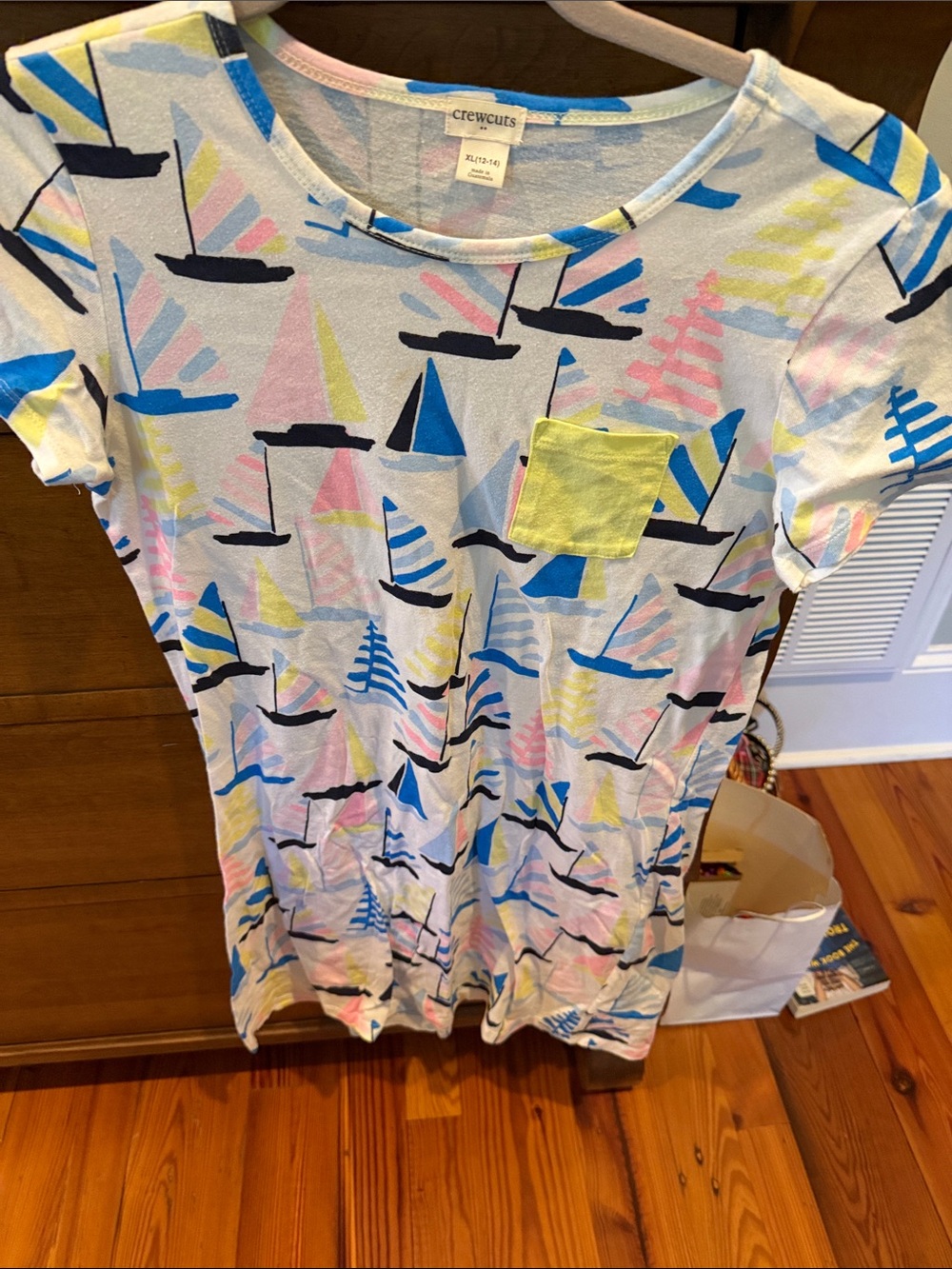 Crewcuts White Sailboat Print Tee with Yellow Pocket